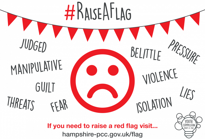 Raise a Flag: words that describe negative relationship traits, including manipulative, guilt, violence, fear, and pressure.