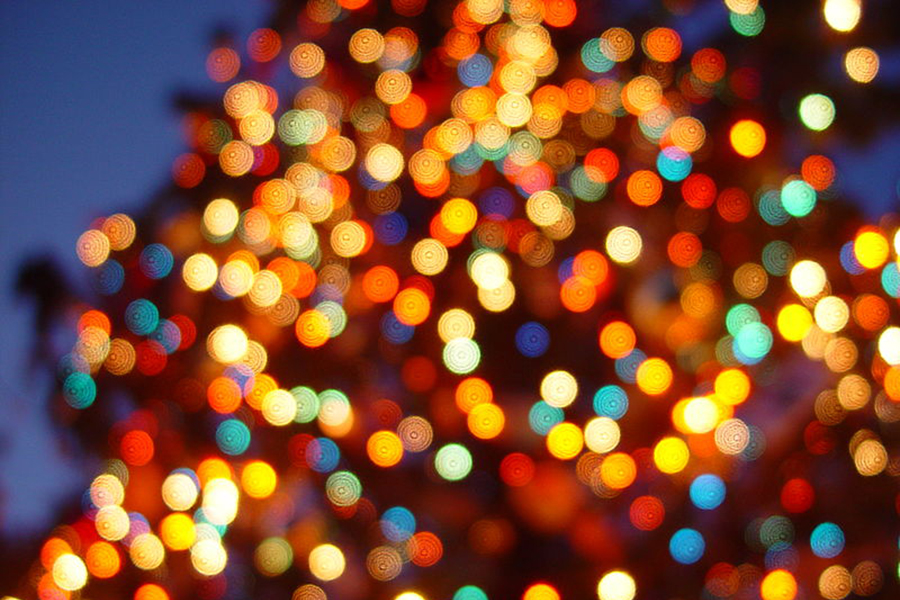 Blurry shot of Christmas lights on a tree