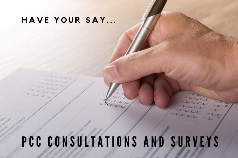 Have your say, PCC consultations and surveys. A hand holding a pen is filling in a form