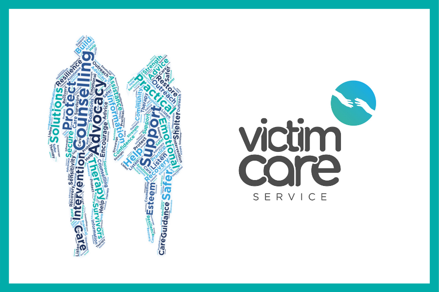 image of victim care service logo and word art in teh shape of a male and female using words that relate to victims such as support, practical, therapy, counselling and advocacy