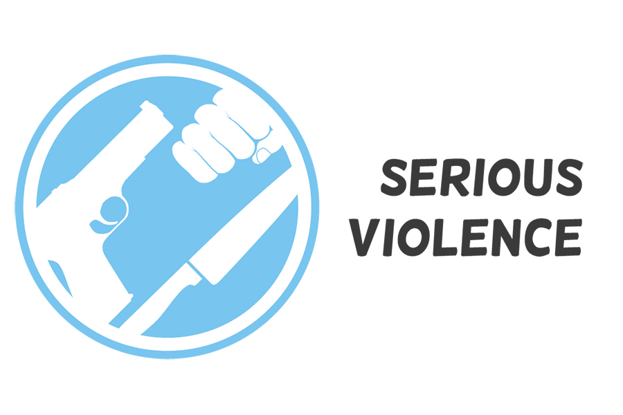 Serious Violence logo with a fist, gun, and knife illustrated in a blue circle.