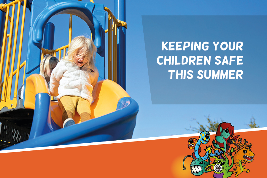 Keeping your children safe this summer: photo of a child on a slide, and an illustration of the cyber sea monsters