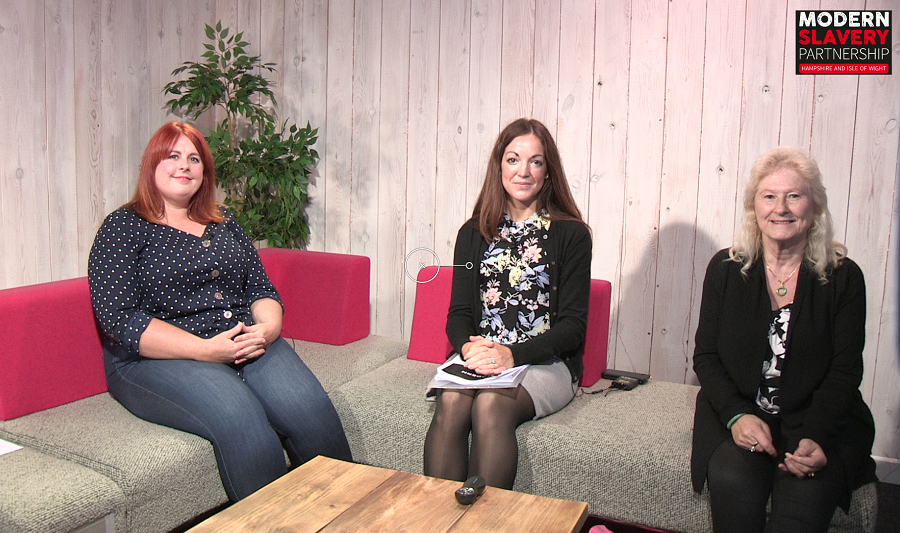 Kate Davis Modern Slavery Partnership Co-ordinator, Lynne Chitty from Love 146 and Ally Davies from Barnardo’s National Counter Trafficking Service sitting social distanced on a sofa