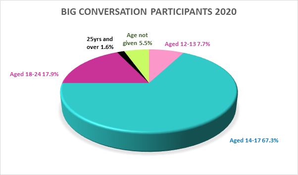 A pie chart explaining the no of young people by age who participated in the Big Conversation survey. The majority were aged 14-17 (over 67%), then aged 18-24 (nearly 18%).