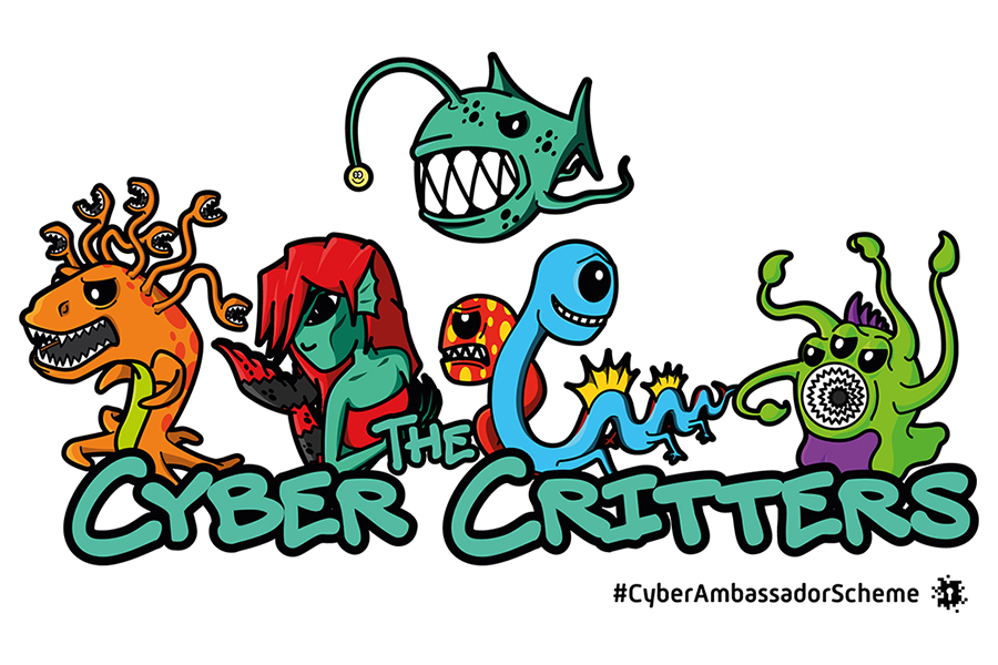 5 Cyber Critters, from left to right; an orange character with a lime green belly; a red haired green character that looks similar to a mermaid; a character with 2 heads, a red-dotted-angry looking face and a blue-friendly looking face; and a light green with hints of purple character, with long arms, 3 eyes and swirling teeth. With the text ‘The Cyber Critters and #CyberAmbassadorScheme next to the logo.