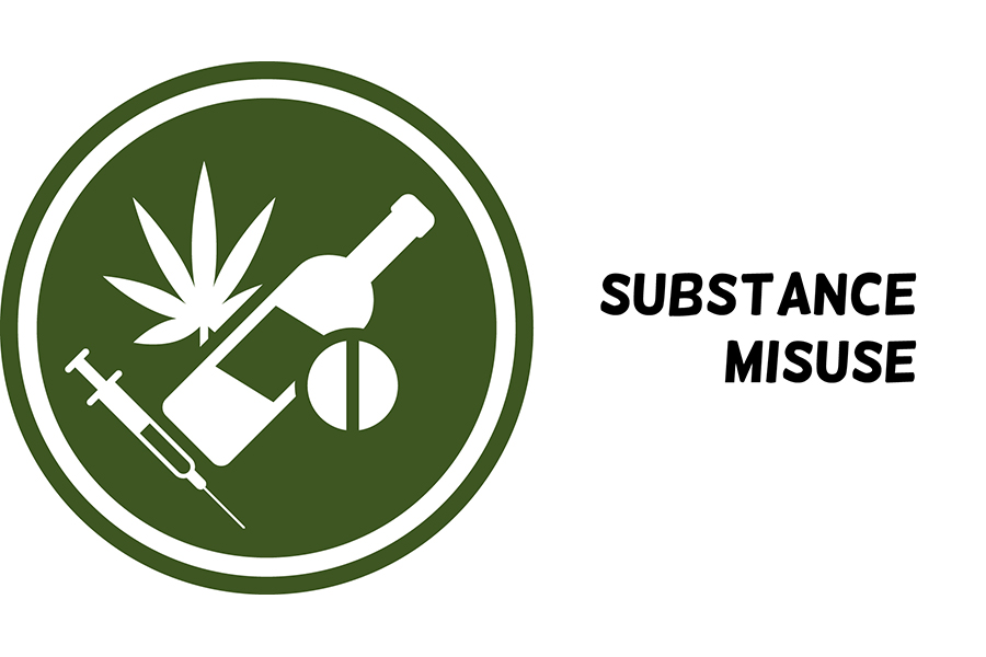 Substance misuse logo: a cannabis leaf, bottle, pill and needle.