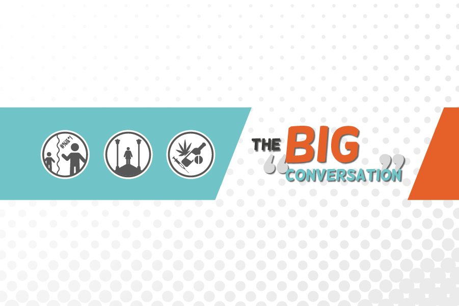 The Big Conversation logo and three priority logos: hate and hostility, safe on the streets, substance misuse.