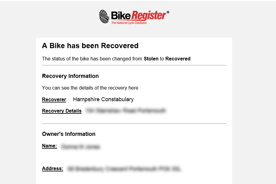 Redacted screenshot of an email notification from BikeRegister, notifying the owner that their bike has been recovered.
