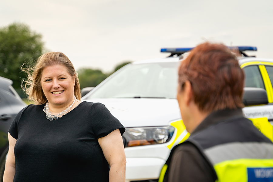 PCC Donna Jones with a mounted patrol volunteer in the New Forest.