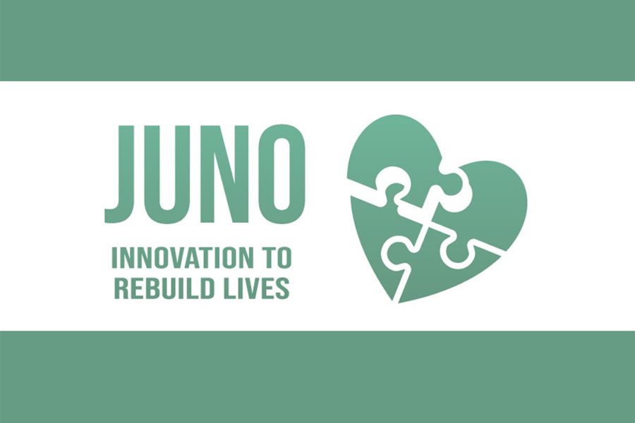 JUNO: innovation to rebuild lives. Heart/jigsaw logo.