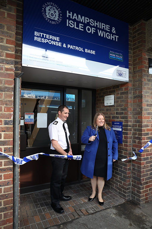 DCC Snuggs and PCC Donna Jones cut ribbon at Bitterne R&P Base