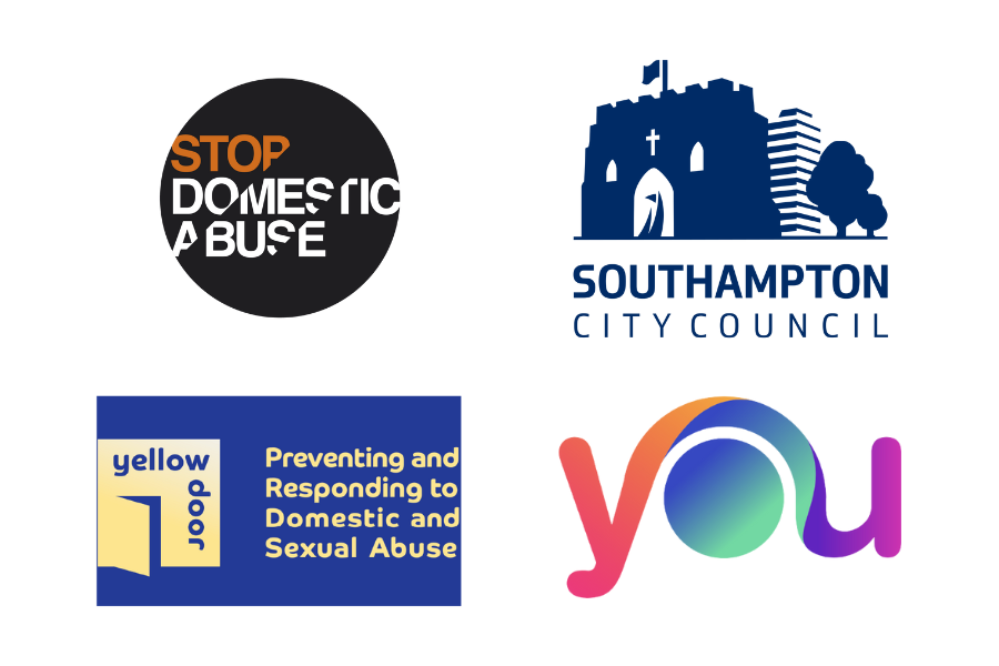 Multiple logos including, stop domestic abuse, Southampton City Council, yellow door and you.