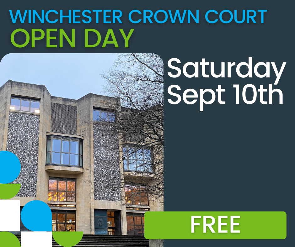 Winchester crown court with advertising words around it for the open day.