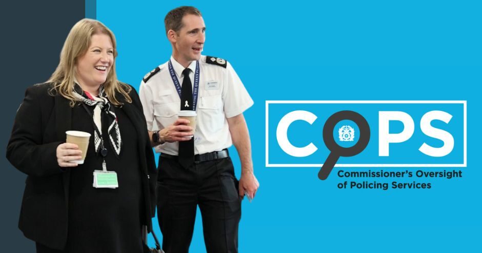 Donna Jones and Acting Chief Constable Ben Snuggs standing next to the COPS logo