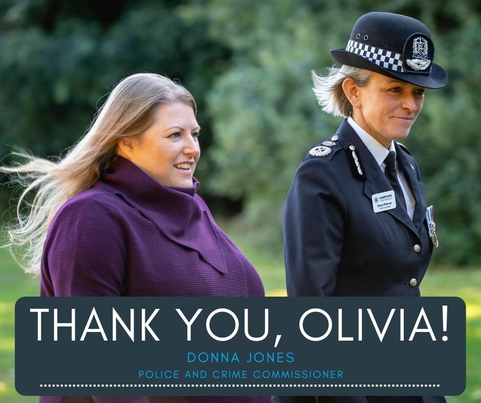 Donna jones walking with Olivia Pinkney with the words "Thank you, Olivia" underneath.