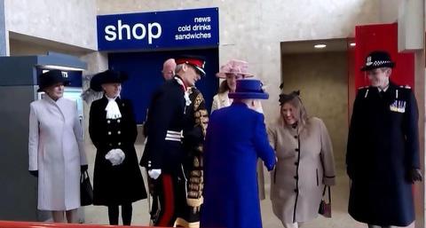 A line of people having just met the Queen. Donna is shaking hands with Her Majesty.