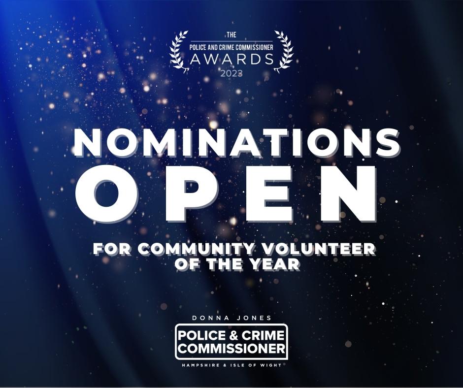 A graphic featuring the words "nominations open for the community voluntear of the year" It also features the pcc awards logo and the opcc logo on a blue curtain background