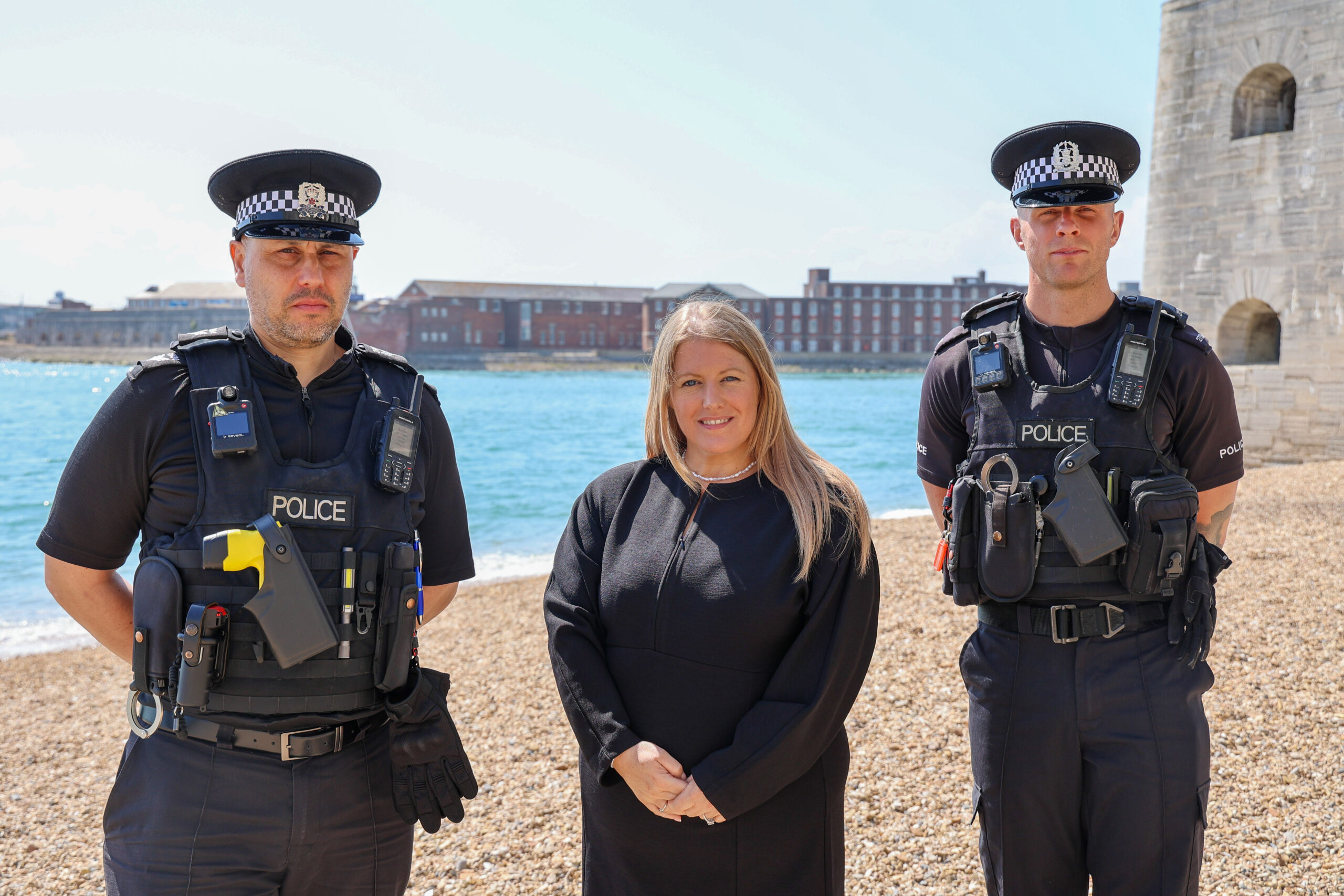 PS Shaun Farnden, PCC Donna Jones and PC Brad James at the Hotwalls, Old Portsmouth.