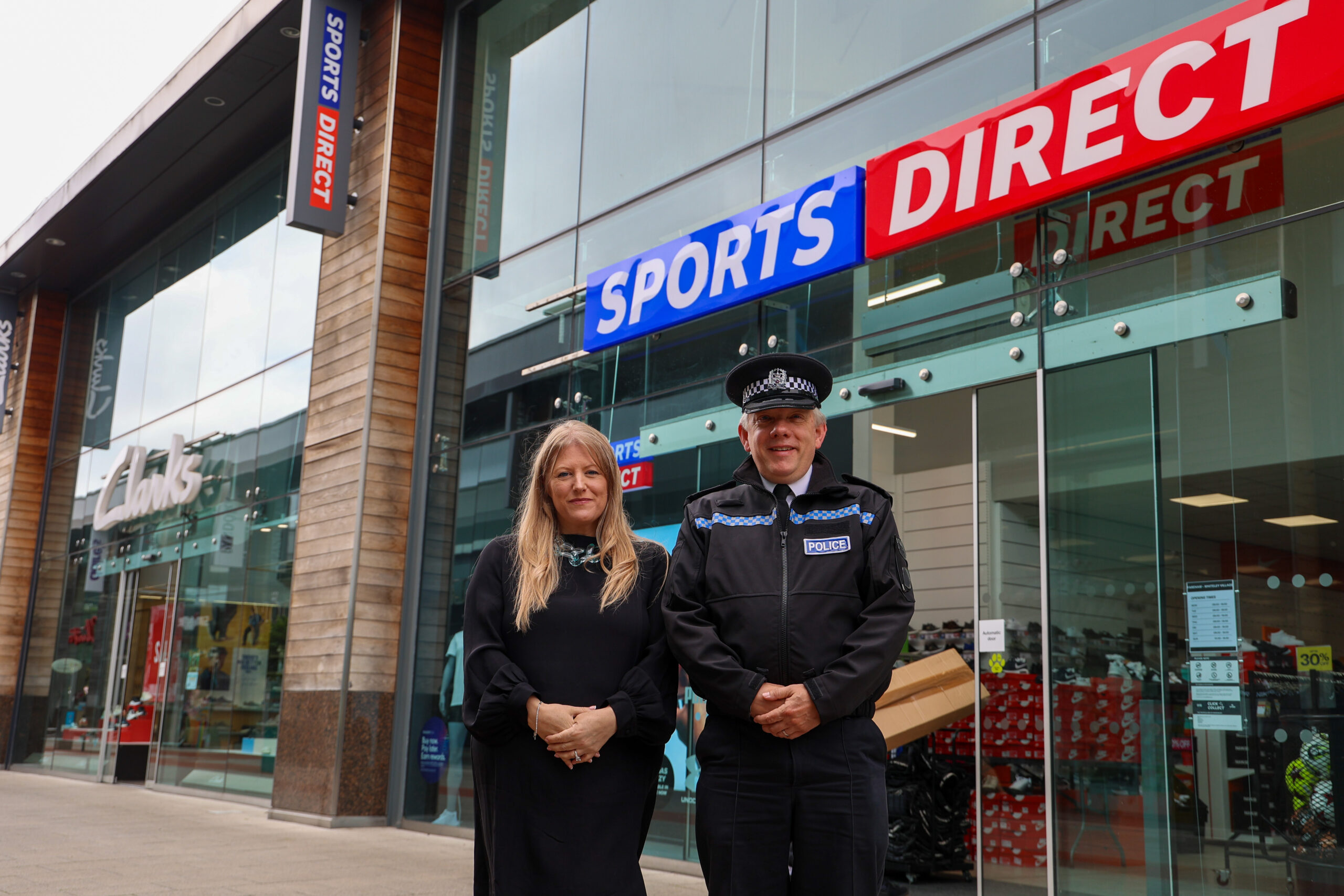 PCC Donna Jones with Chief Inspector Marcus Cator outside Sports Direct at Whiteley Shopping Centre
