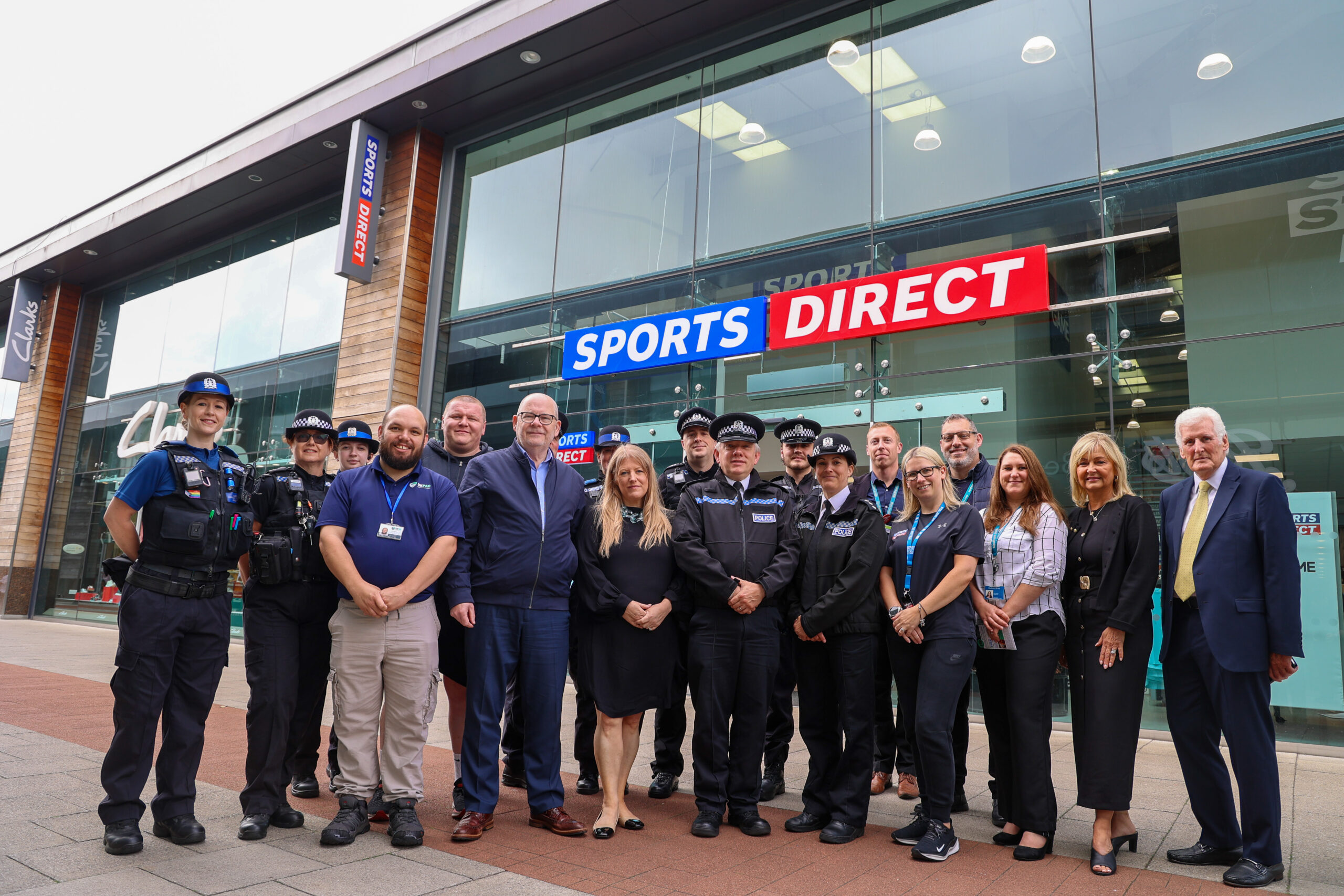 PCC Donna Jones with representatives of Hampshire and Isle of Wight Constabulary, UKPAC, Sports Direct and Whiteley Shopping Centre.