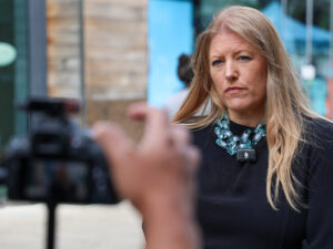 Donna Jones giving a tv interview