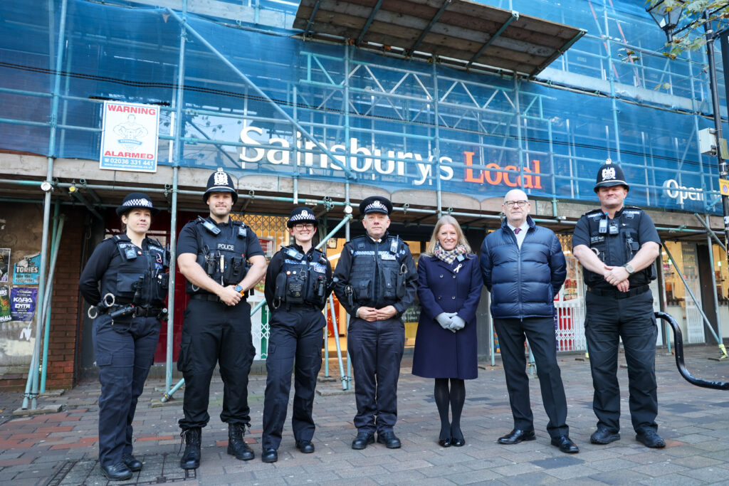 PCC Donna Jones with police outside Sainsbury's Local in Portsmouth.