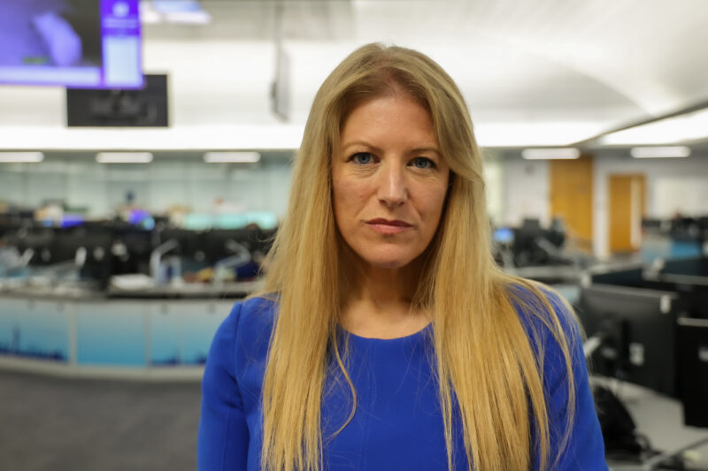 PCC Donna Jones looking serious in the police control room